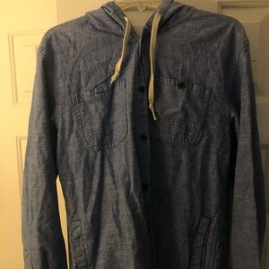 Blue Long Sleeve Button Up With Hood